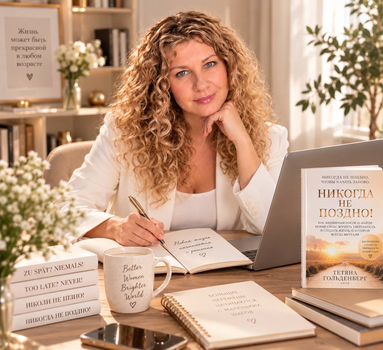 Tetiana Goldenberg с книгой «Никогда не поздно!» за рабочим столом